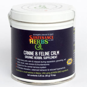 3.25 oz tin of sustenance herbs for pets canine and feline calm,  an organic herbal supplement for cats and dog