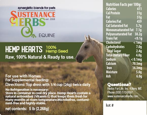 label for sustenance herbs for pets hemp heart seeds for horses, 100% hemp seeds raw and ready to use