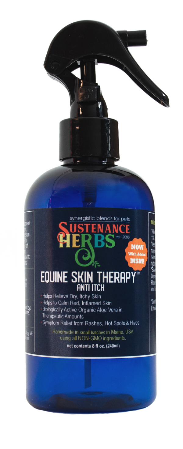 8 oz. pump bottle of sustenance herbs for pets equine skin therapy, anti itch formula for horses