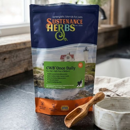Package of Sustenance Herbs on a kitchen counter with a scoop and bowl.