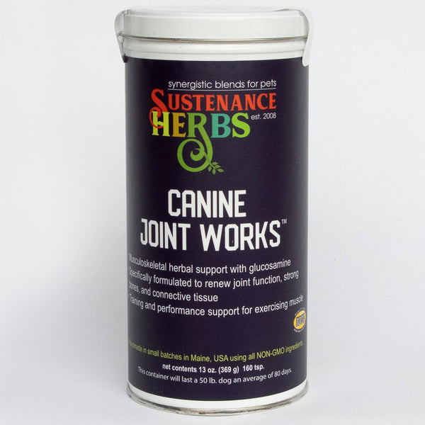 13oz cannister of sustenance herbs joint comfort and mobility with glucosamine product, metal can, easy to use
