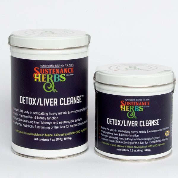2 tins of sustenance herbs for pets detox liver cleanse, a non gmo organic blend for pets that helps preserve  liver and kidney function