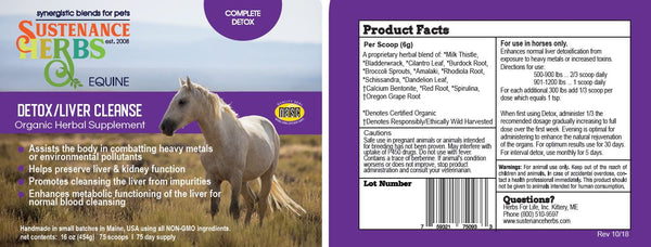 label for detox liver cleanse made by sustenance herbs for pets