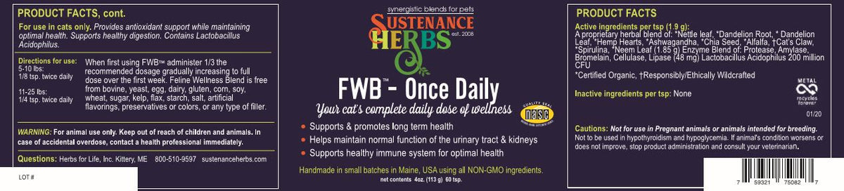 Label for sustenance herbs for pets fwb-once daily herbal wellness blend