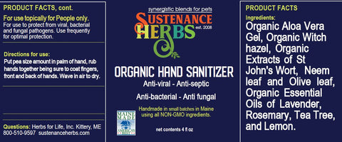 product label for sustenance herbs for pets organic  anti-bacterial anti-viral hand sanitizer