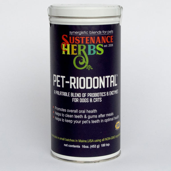16 oz tin of sustenance herbs for pets pet-riodontal, an all natural organic blend of probiotics and enzymes for dogs and cats
