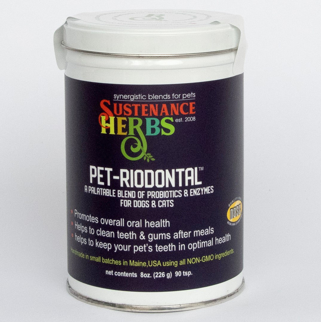 8 oz tin of sustenance herbs for pets pet-riodontal, an all natural organic blend of probiotics and enzymes for dogs and cats