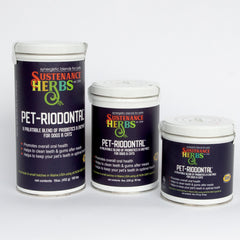 3 different sized tins of sustenance herbs for pets  pet riodontal, an organic herbal blend of probiotics and enzymes for dogs and cats
