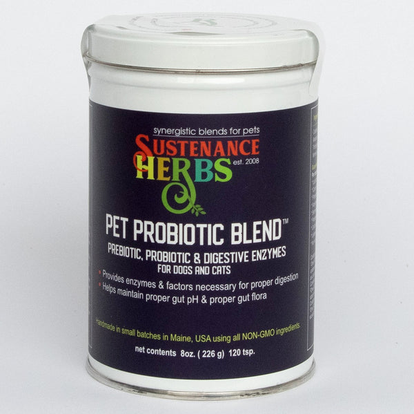 8 oz tin of sustenance herbs for pets  pet probiotic blend for dogs and cats