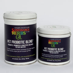 8 and 4 oz tins of sustenance herbs for pets  pet probiotic blend for dogs and cats
