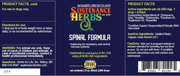 label for sustenance herbs for pets spinal formula, for balanced circulatory and central nervous systems in dogs